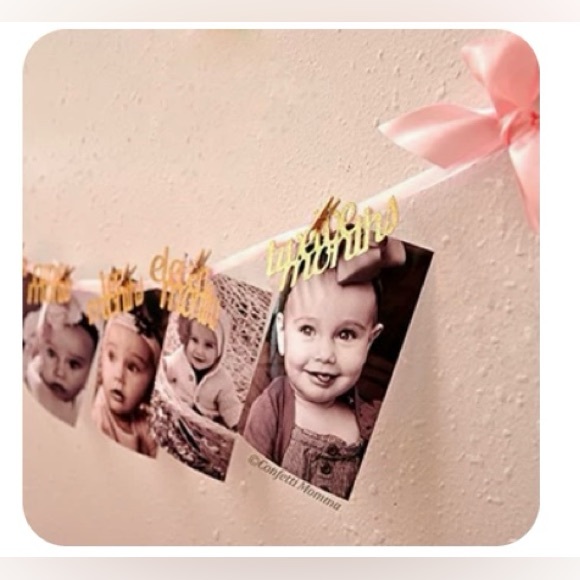 First year banner. Gold sparkling word birthday decorations banner pink ribbons - Picture 1 of 3